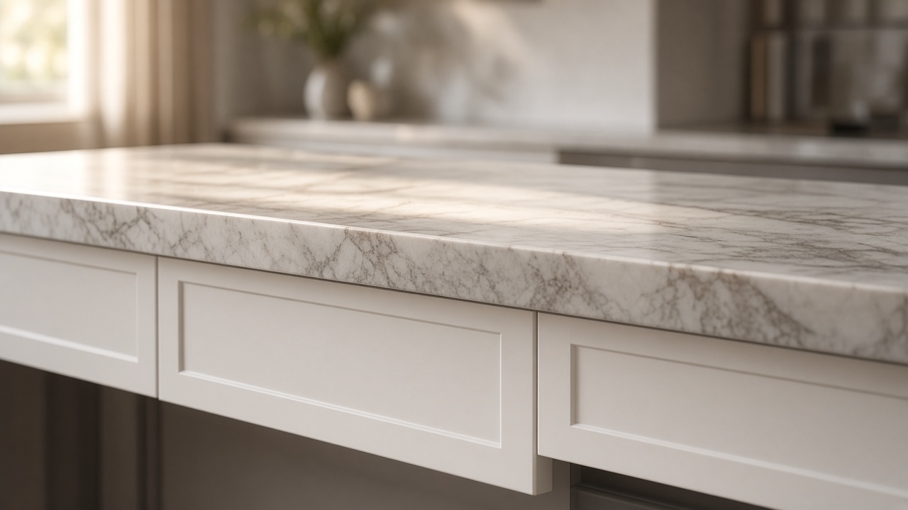 A white kitchen with a stone island.