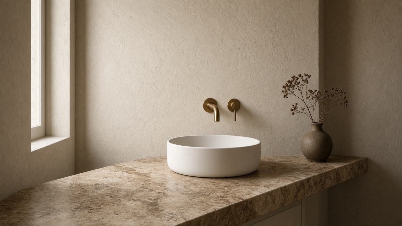 A bathroom vanity topped with a stone remnant.