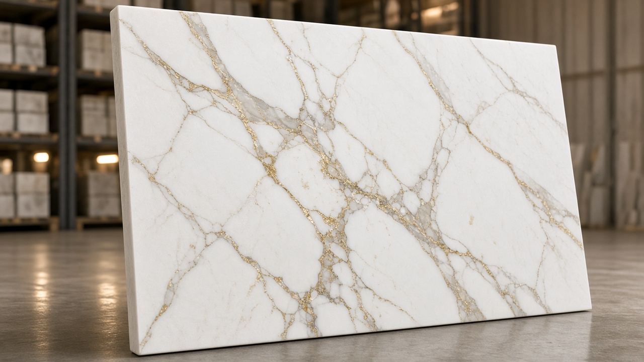 A white stone slab with gold veining.