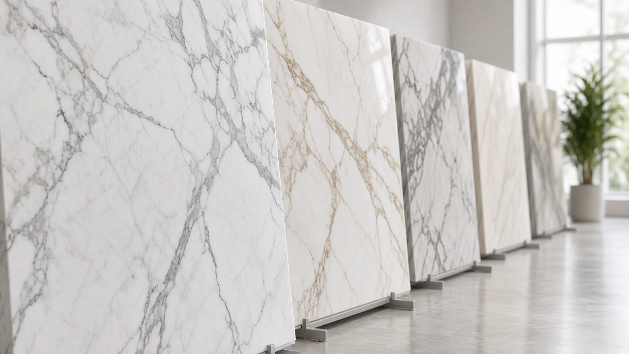 Full stone slabs standing in a bright showroom aisle.
