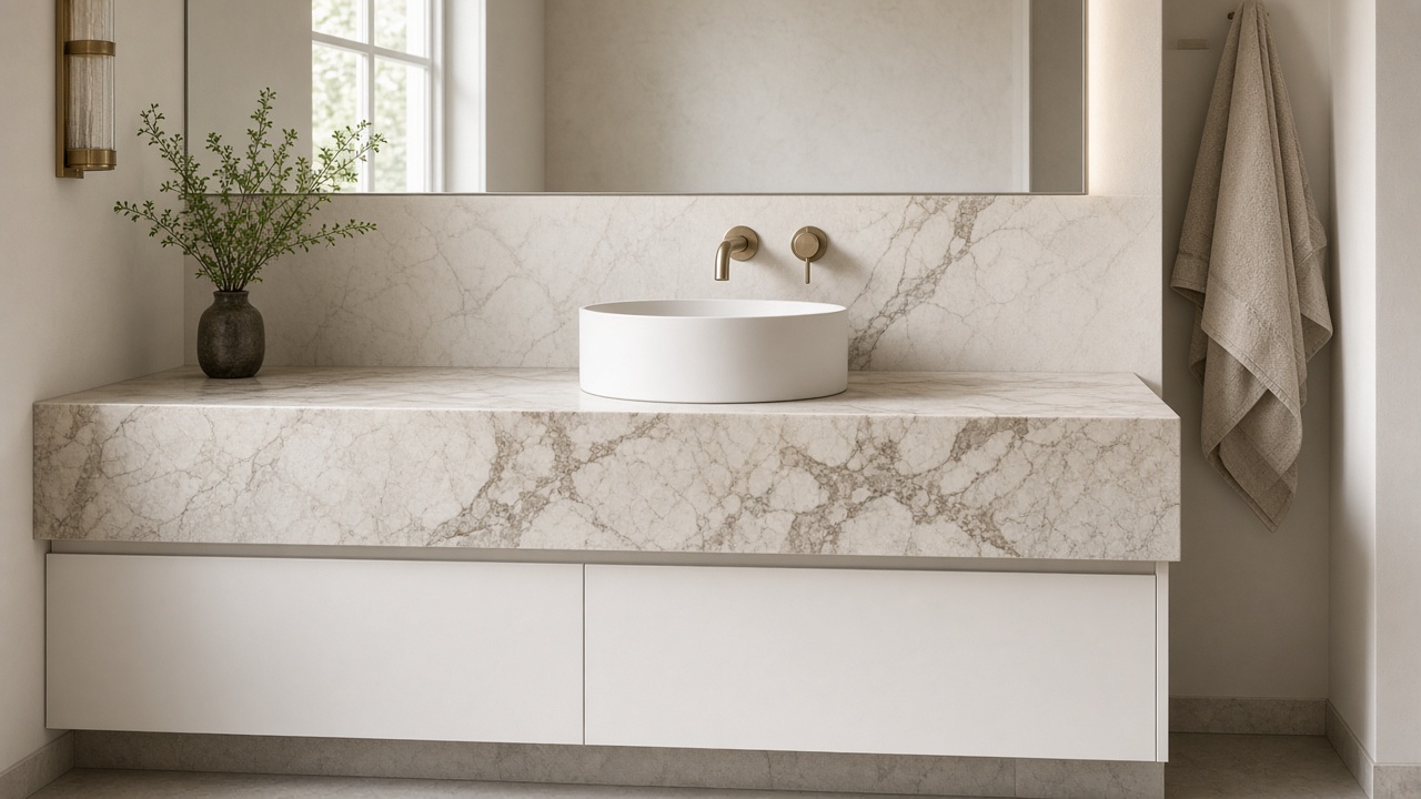 A stone remnant used as a bathroom vanity top